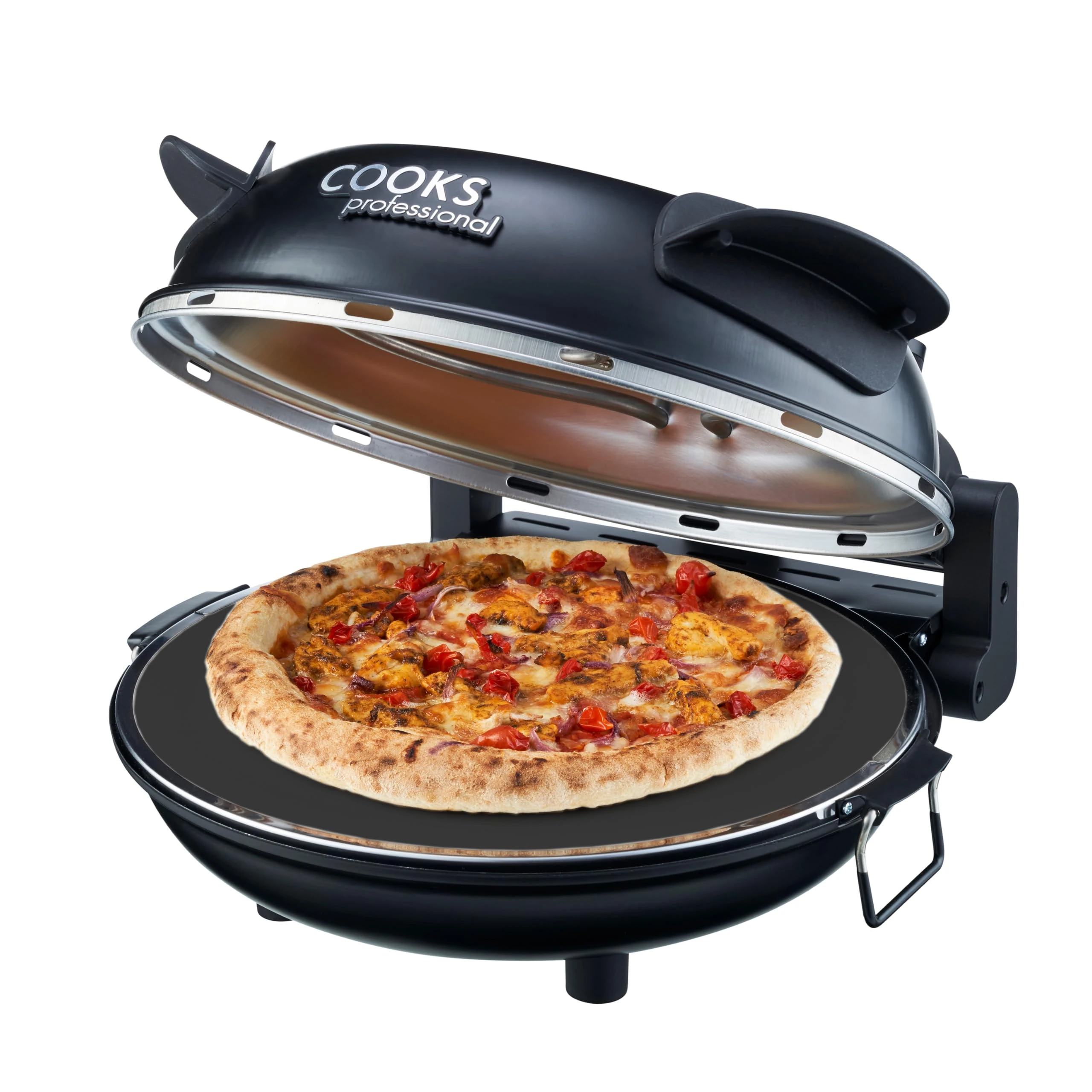 Cooks Professional Electric Pizza Oven with 31cm Stone Base, Glass Window, Timer, Stainless Steel Paddles & Baking Sheet | Energy Efficient Portable Countertop Pizza Maker Machine 1200W | Black