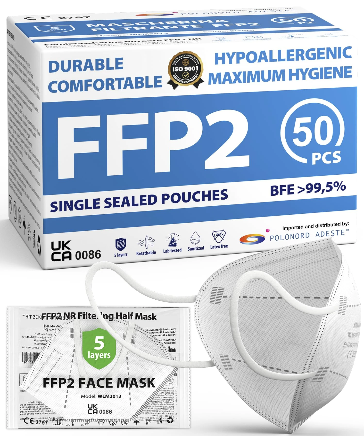 FFP2 NR Masks Pack of 50 - UKCA certified, controlled supply chain, comfortable, hypoallergenic, and adjustable elastic bands. Safe: filtration in wear simulation 99,5%. Single sealed pouches