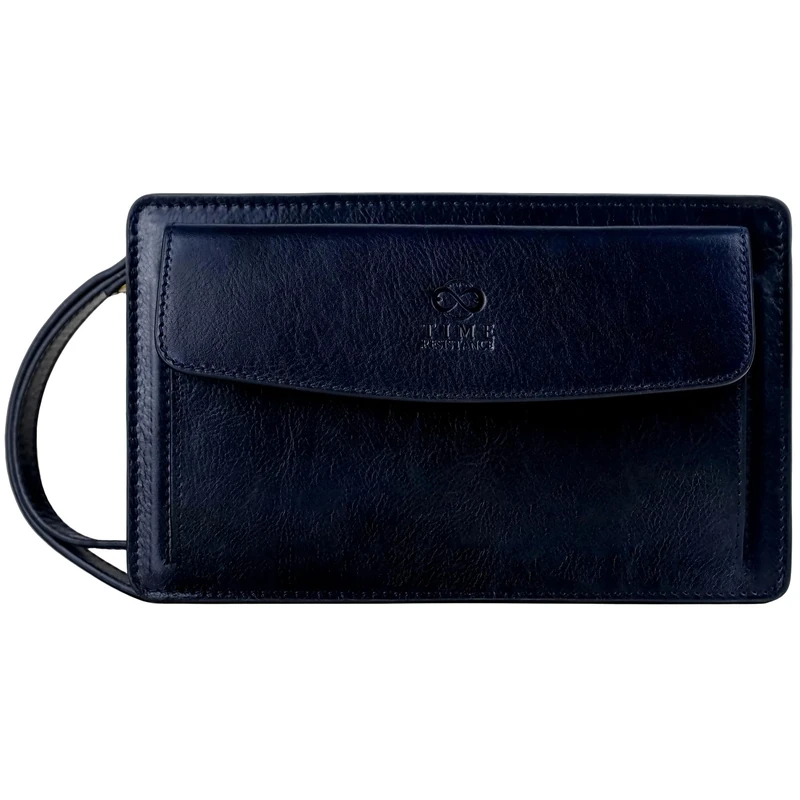 Time Resistance Blue Leather Clutch Purse for Men - Handmade Men's Wrist Bag - Italian Leather Clutch Bag - Small Business Briefcase - Small Everyday Items Organizer - Men's Handbag