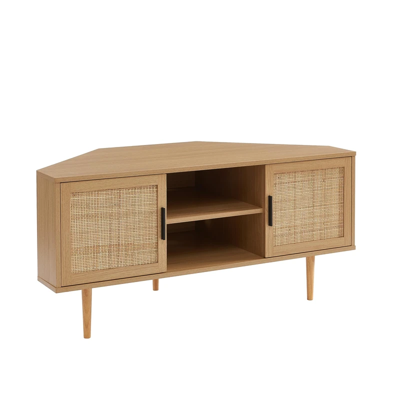 BAÏTA AMANA Corner TV Unit in Oak Effect and Rattan Weave, 115cm