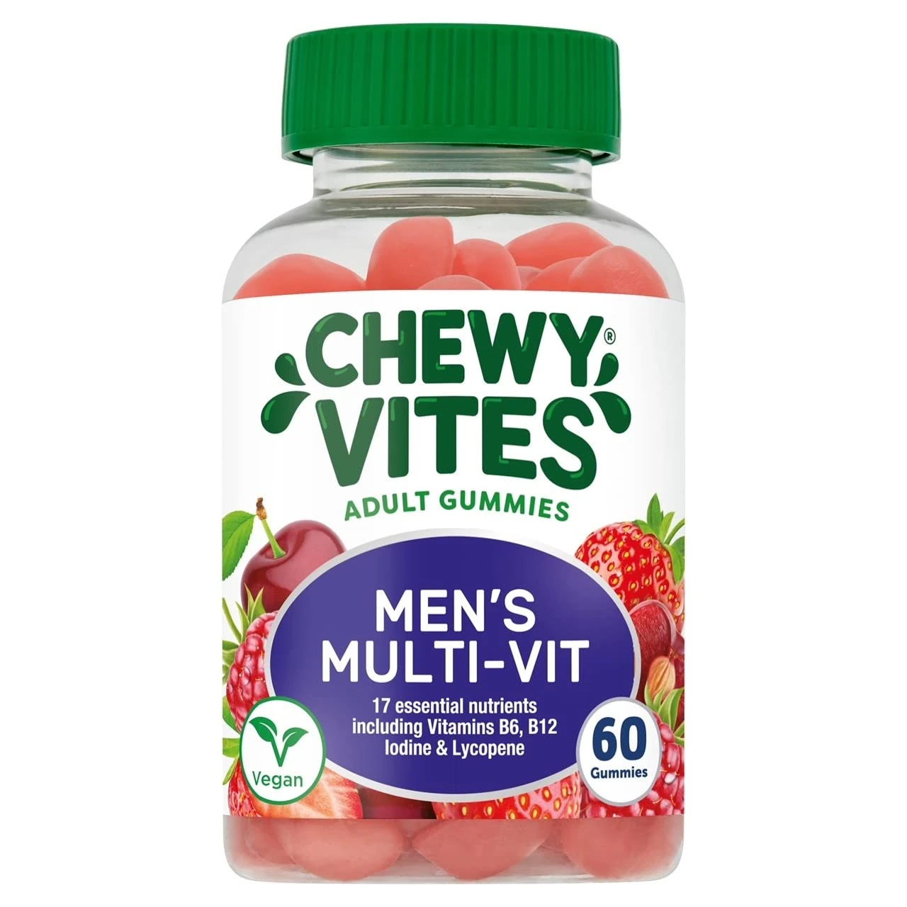 Chewy Vites Men Multivitamin Advance, 60 Multivitamin Gummies, 17 Essential Nutrients for Men with Vitamins B6, B12, Iodine & Lycopene, 1 Month Supply, Real Fruit Juice, Vegan, Berries Flavour
