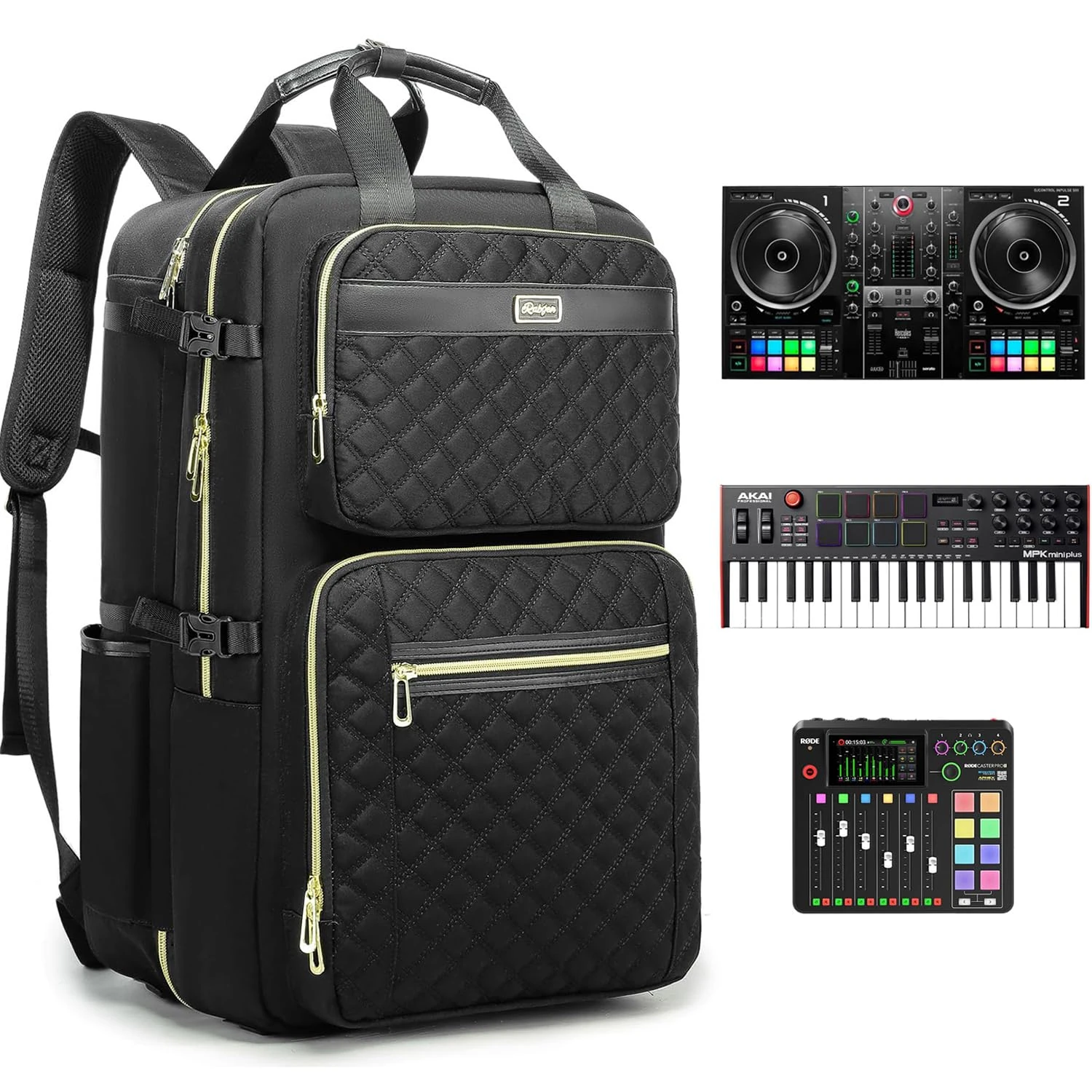 Rabjen DJ Backpack for Club Gigs, DJ Mixer Case Compatible with Pioneer DJ DDJ-REV1, DJ Controller, Novation Launchkey 37 Key Keyboard and More Equipment