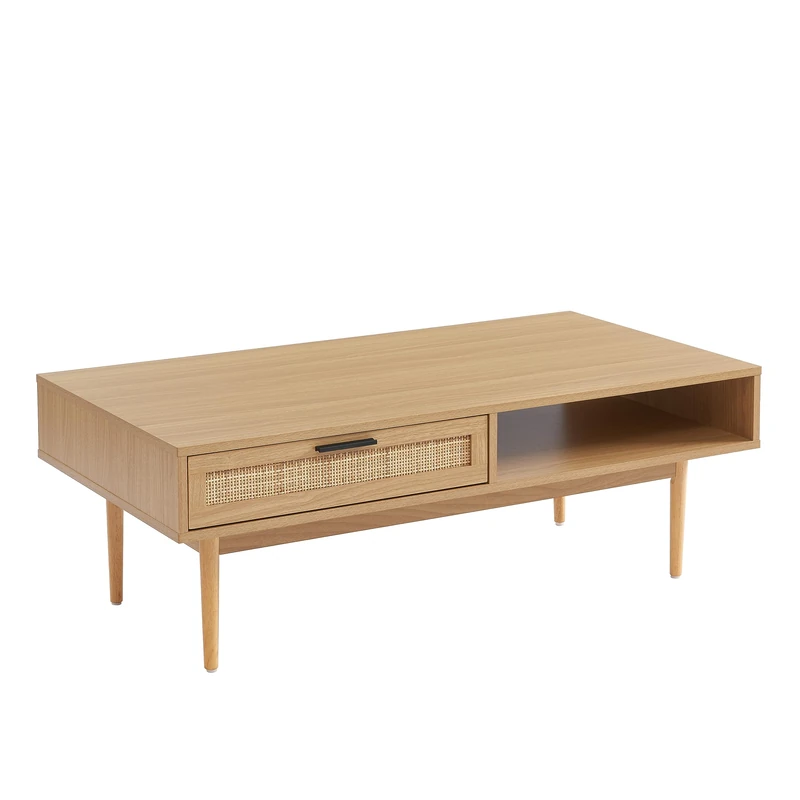 BAÏTA AMANA coffee table, oak effect and rattan cane, 115cm