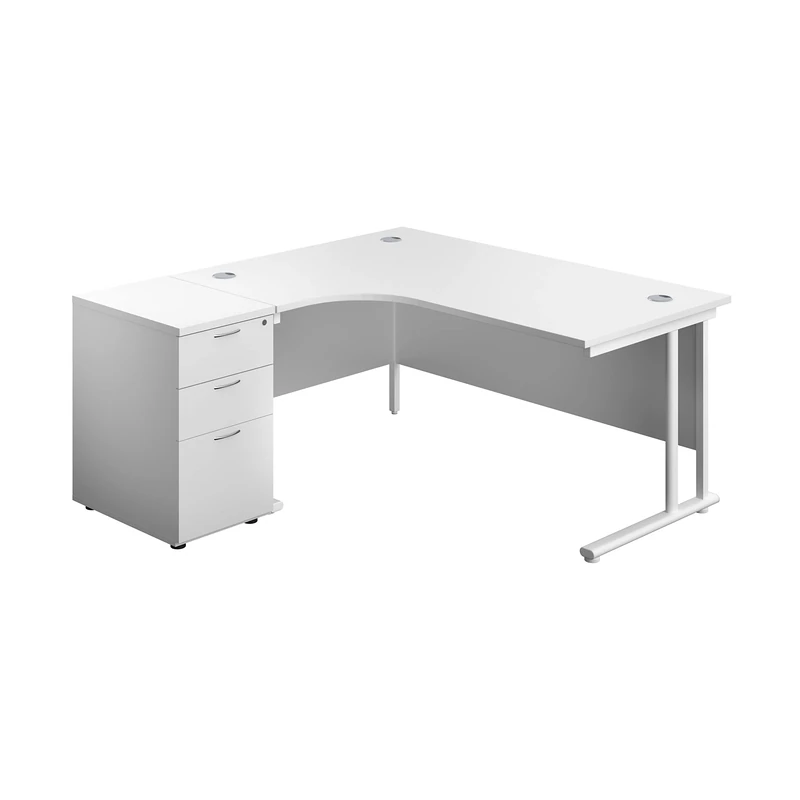 Office Hippo Heavy Duty Left Corner Radial Desk With 3 Drawer High Storage, Home Office PC Filing, 5 Yr Wty, MFC - White Frame, 160cm x 160.4cm