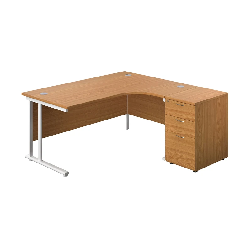 Office Hippo Heavy Duty Right Corner Radial Desk With 3 Drawer High Storage, Home Office or PC, 5 Yr Wty, MFC - Oak, White Frame, 160cm x 160.4cm