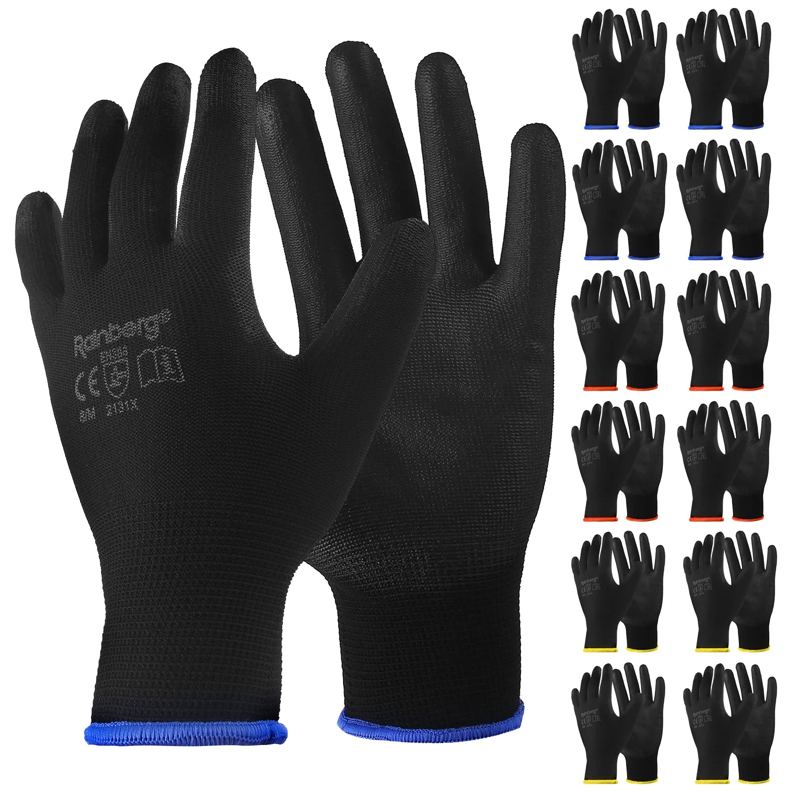 Rainberg Pack of 12 or 24 Safety Gloves, Work Gloves, with Secure Grip on Palm & Fingers, PU and Nylon Non-Slip Gloves, Ideal for General Duty Work, Gardening. (Pack of 24 Pair's, Small)