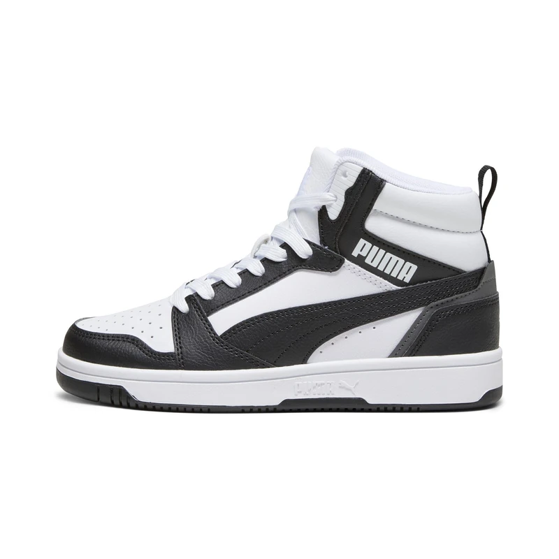 PUMA Unisex Kids Rebound V6 Mid Jr Sneaker, Puma White Puma Black Shadow Gray, 3.5 UK