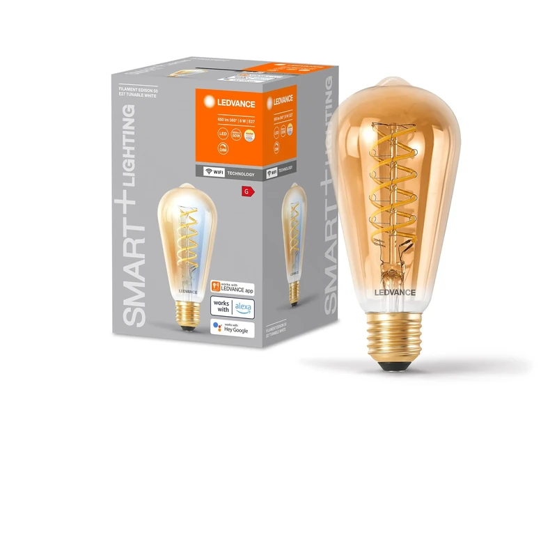 LEDVANCE Smart+ WiFi LED lamp, Gold Tint, 8W, 650lm, Edison Shape with 64mm Diameter & E27 Base, Adjustable White Light (2200-5000K), dimmable, app or Voice Control, Long Life, Pack of 4