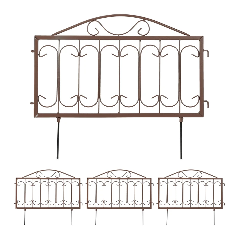 Relaxdays Metal Lawn Edging, H x W: 46 x 57 cm, Garden Flowerbed Border, Set of 4 Components, Antique Style, Brown