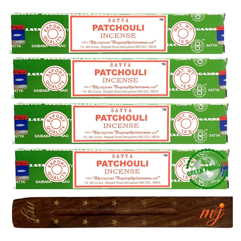 M & J Original Satya Nag Champa Patchouli Incense Sticks with M&J incense sticks holder x4 pack for Aromatherapy, Spa, Yoga, Weddings, Meditation, Healing, Positivity and Relaxation