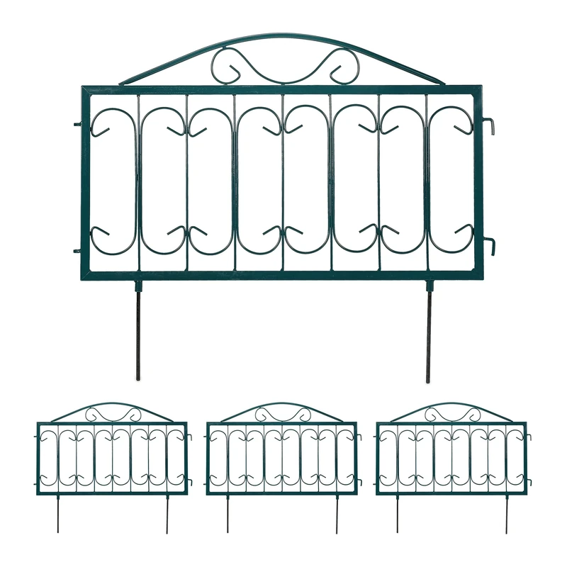Relaxdays Metal Lawn Edging, H x W: 46 x 57 cm, Garden Flowerbed Border, 4 Components, Antique Style, Dark Green, Iron