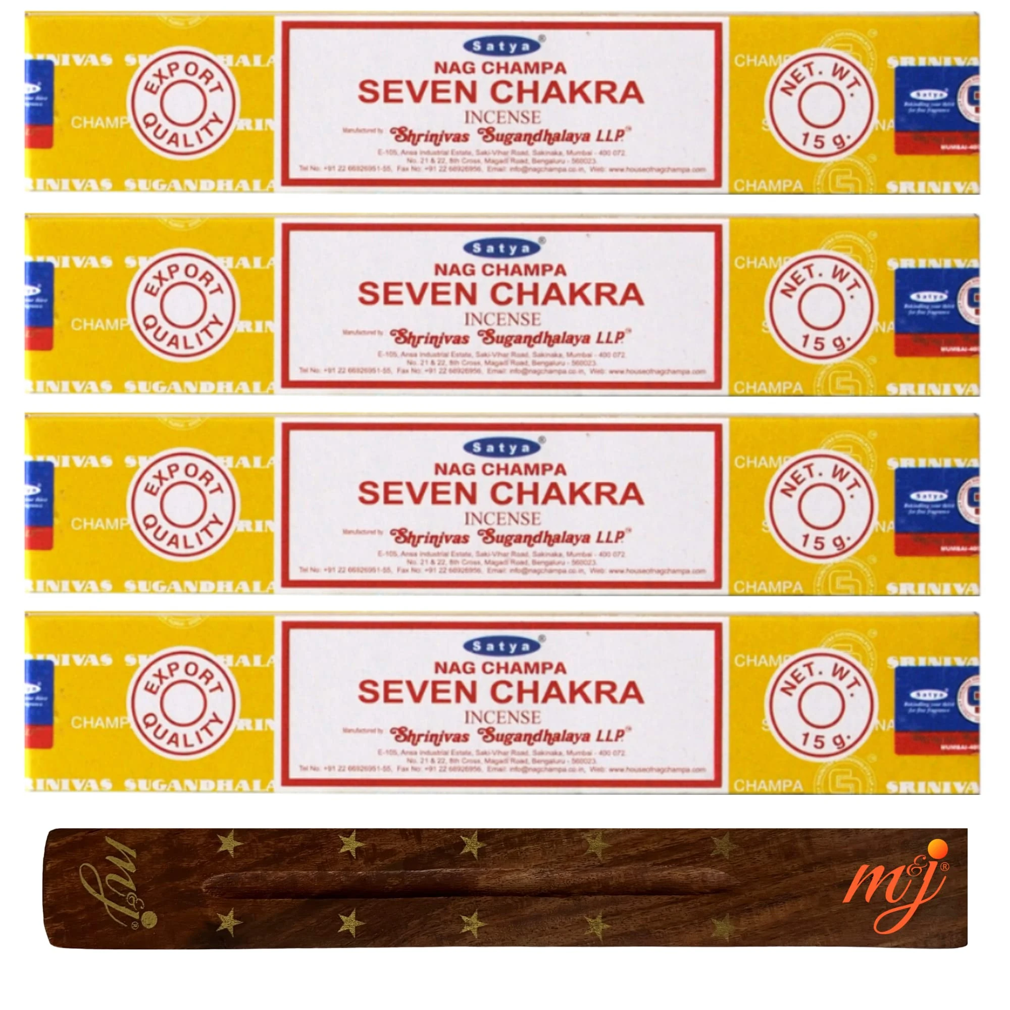 Original Satya Nag Champa Seven Chakra Incense Sticks | with M&J incense sticks holder | x4 pack | for Aromatherapy, Spa, Yoga, Weddings, Meditation, Healing, Positivity and Relaxation