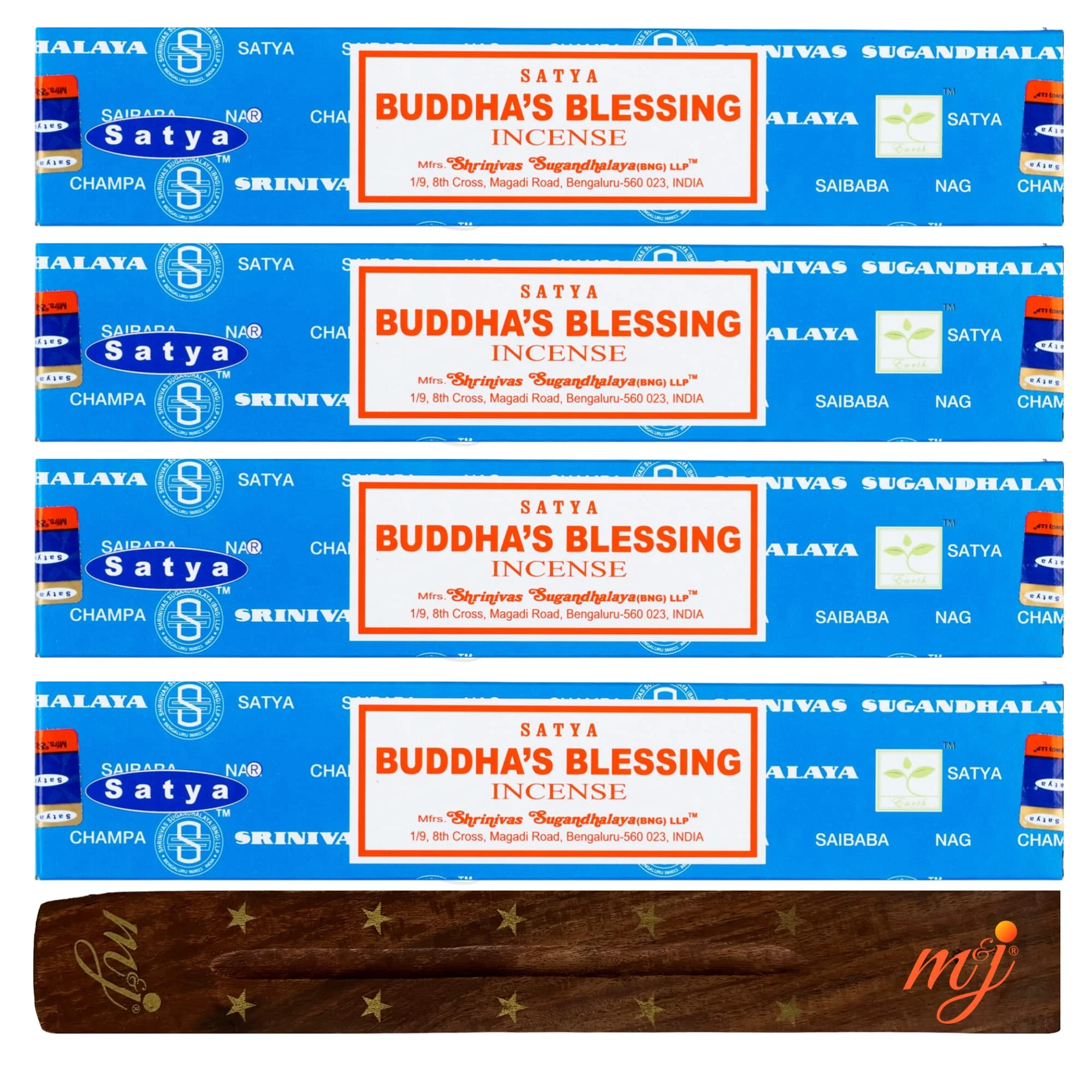 Original Satya Nag Champa Budha's Blessing Incense Sticks | with M&J incense sticks holder | x4 pack | for Aromatherapy, Spa, Yoga, Weddings, Meditation, Healing, Positivity and Relaxation