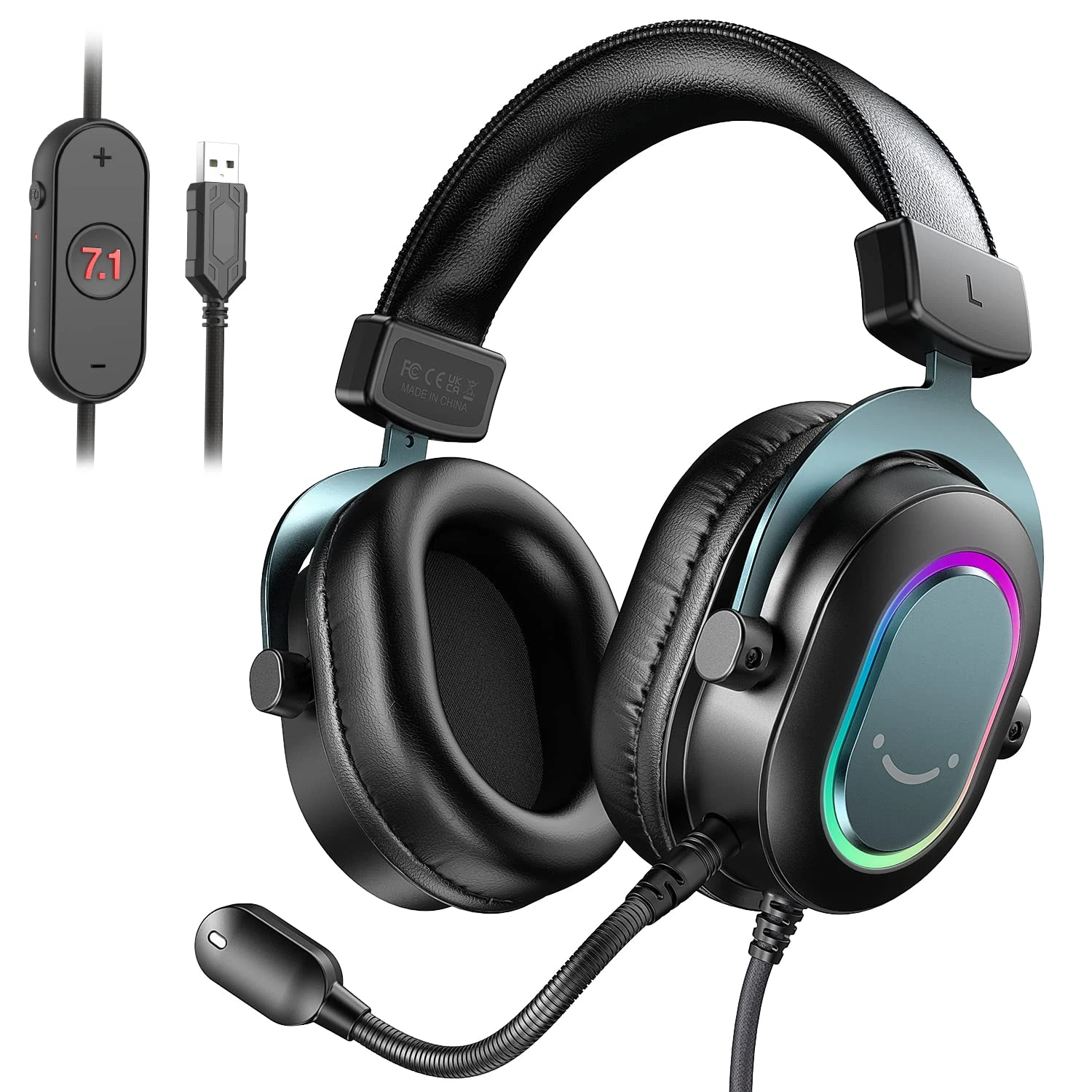 FIFINE Gaming USB Headset for PC, Over-Ear Wired Headset with Microphone, 7.1 Surround Sound, Passive Noise Canceling, LED RGB, Black Streaming Headphones for Computer/ PS4/PS5-H6