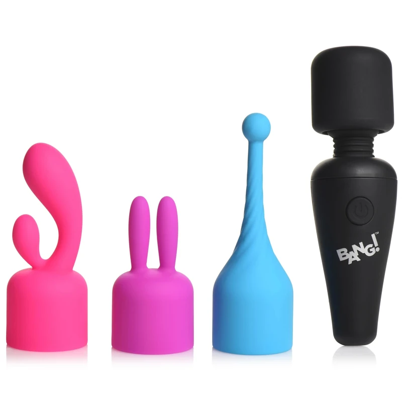 Bang! 10X Premium Silicone Mini Massage Wand with 3 Interchangeable Clitoral Stimulant Attachments for Women & Couples. Silky Smooth Feel, 3 Speeds, 7 Patterns of Vibration. Travel Size.