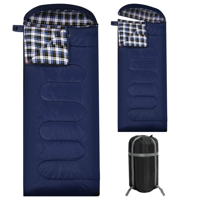 REDCAMP Flannel Sleeping Bag for Adults, Large Cotton Sleeping Bags for Camping with Detachable Hood, Blue Plaid with 3lbs Filling