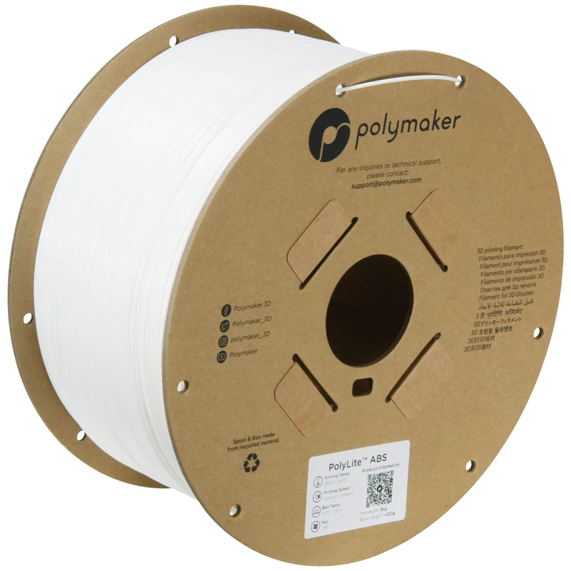 PolyLite ABS 3D Filament 1.75mm White - Heat Resistant ABS, 3kg on Cardboard Spool