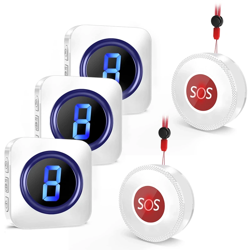 Personal Alarm Call Bell, 1,000FT Long Range Buzzer Call Bell, Wireless Caregiver Pager for Elderly with 2 SOS Call Panic Buttons 3 Plug in Receivers LED Flash with 55 Chimes 5 Volumes Levels