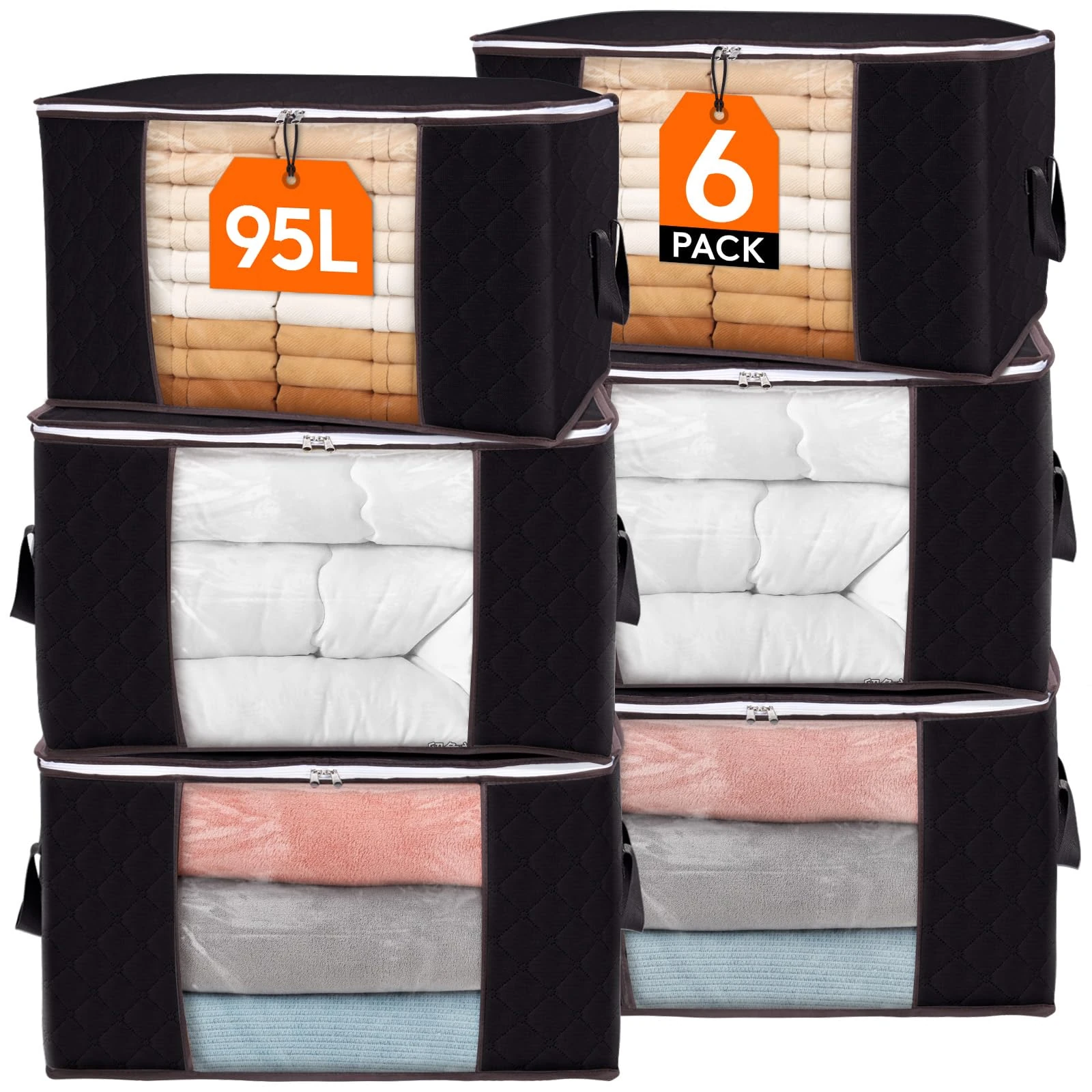 Lifewit 95L Clothes Storage Bags Large Storage Box With Lid Packing Boxes for Moving House With Reinforced Handle Thick Fabric Clear Window for Clothes Duvet Blankets Bedding, 6 Pack, Black