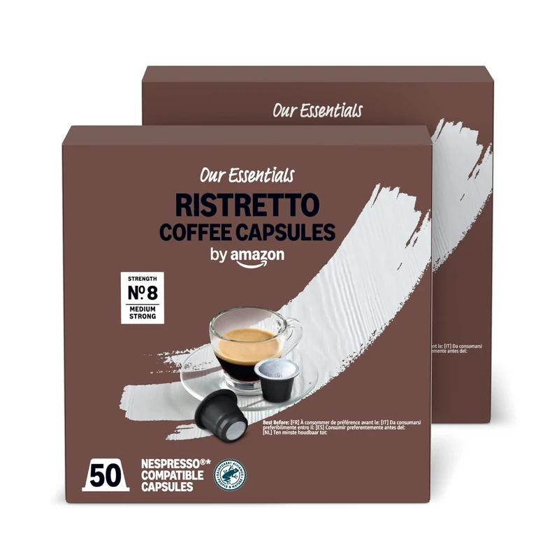 by Amazon Ristretto Plastic Coffee Capsules Nespresso Compatible, Medium Roast, 100 Count (2 Packs of 50) - Rainforest Alliance Certified