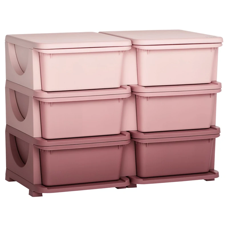 HOMCOM 6 Drawers Plastic Storage Units, 3 Tier Kids Storage Units, Children Toy Chest for Nursery, Playroom, Bedroom, Pink
