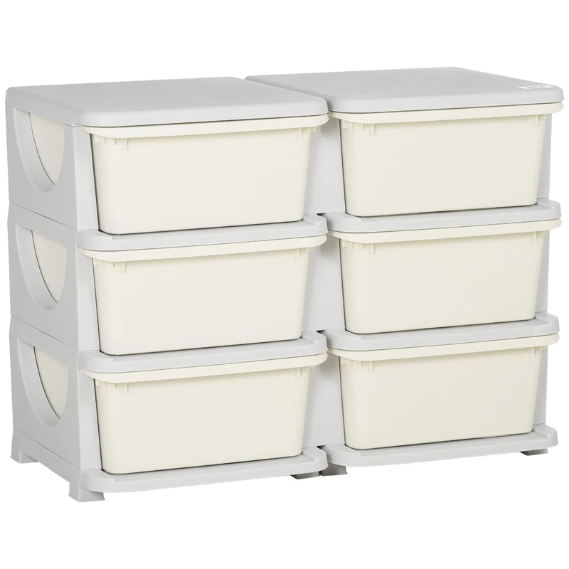 HOMCOM 6 Drawers Plastic Storage Units, 3 Tier Kids Storage Units, Children Toy Chest for Nursery, Playroom, Bedroom, Cream