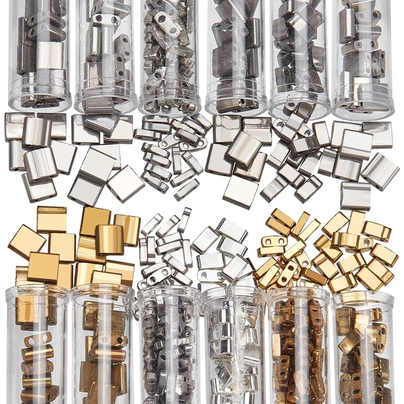 NBEADS 468 Pcs 3 Sizes Glass Seed Beads, 2-Hole 3 Colors 1/4 & Half Tila Beads 5x5mm/5x2mm/5×1mm for Jewelry Making