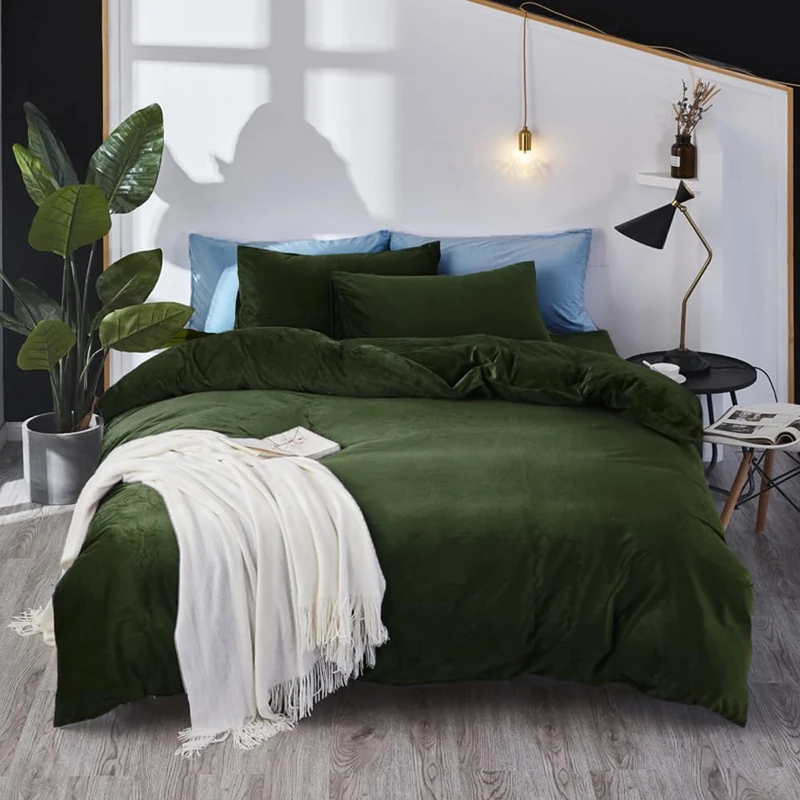 Pureant Army Green Velvet Comforter King Dark Green Fluffy Bedding Flannel