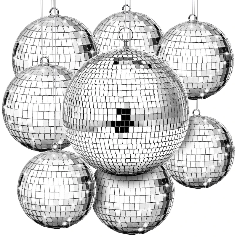 Haull 8 Pcs Large Disco Ball Set Silver Mirror Disco Reflective Ball with Hanging Ring Party Ornament Decoration for Stage Club Ballroom Dance Hall Wedding Prom Props(8'', 6'', 4'')