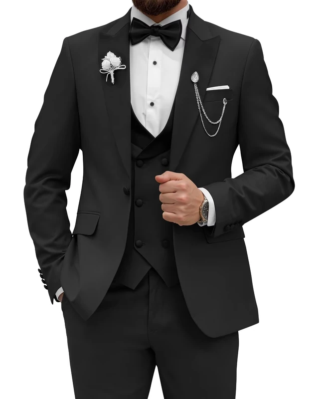 Wangyue Men's Tuxedo Suit 3 Piece Slim Fit Suit for Men Tuxedo for Men Wedding Party Dinner Prom, Black, XL - Image 1