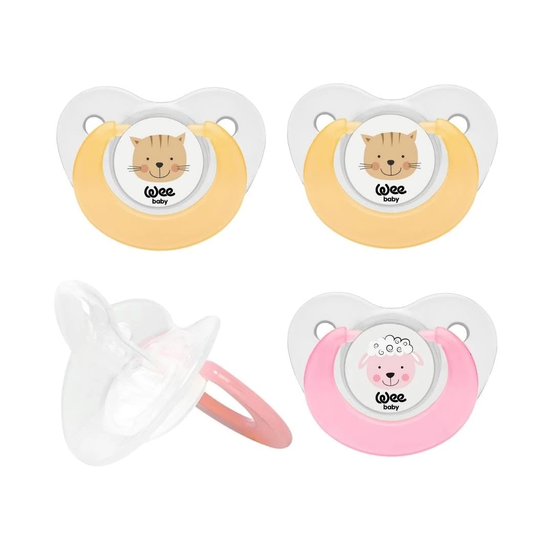 Wee Baby (4-Pack) Baby Dummies | Animal Designs Teething Dummy with Orthodontic Silicone Teat for Healthy Teeth | Newborn Dummies with Air Holes to Prevent Irritation | BPA Free Baby Dummy Multipack