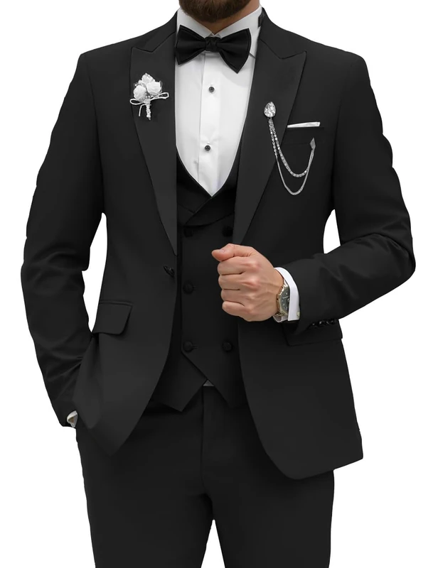 Wangyue Men's Tuxedo Suit 3 Piece Slim Fit Suit for Men Tuxedo for Men Wedding Party Dinner Prom, Black, XS
