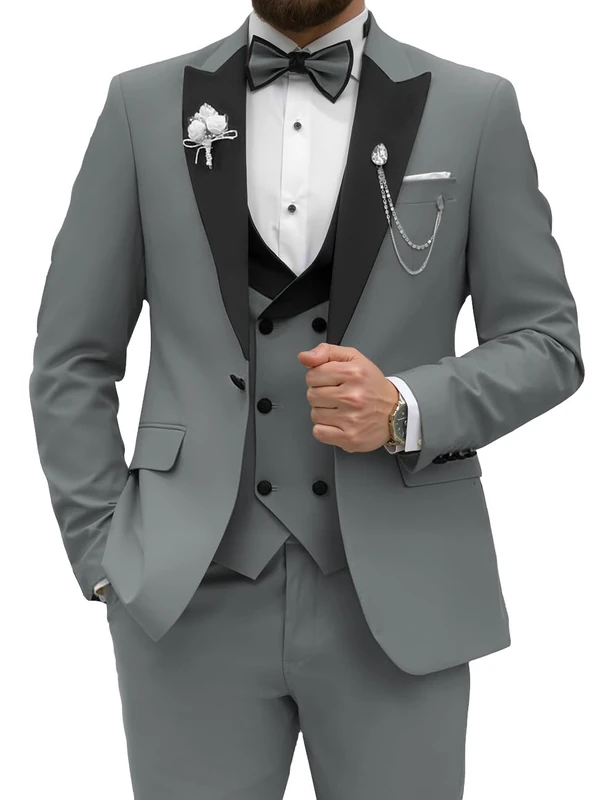 Wangyue Men's Tuxedo Suits 3 Piece Slim Fit Suit Trousers for Men Tuxedo for Wedding Party Dinner Prom, Grey, M