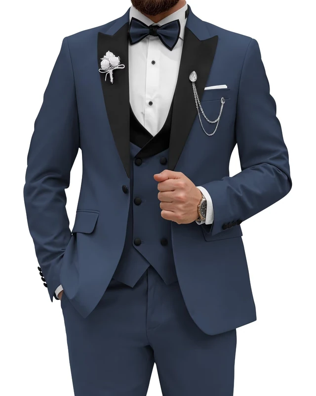 Wangyue Men's Tuxedo Suit 3 Piece Slim Fit Suit for Men Tuxedo for Men Wedding Party Dinner Prom, Navy Blue, M