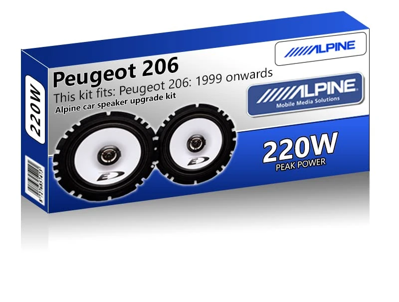 Alpine 6.5" 17cm Car Speaker Upgrade 220W Peak Power, 2-Way Coaxial with Tweeters, Fits Peugeot 206 (1999 Onwards), Includes Speaker Adaptor Pods