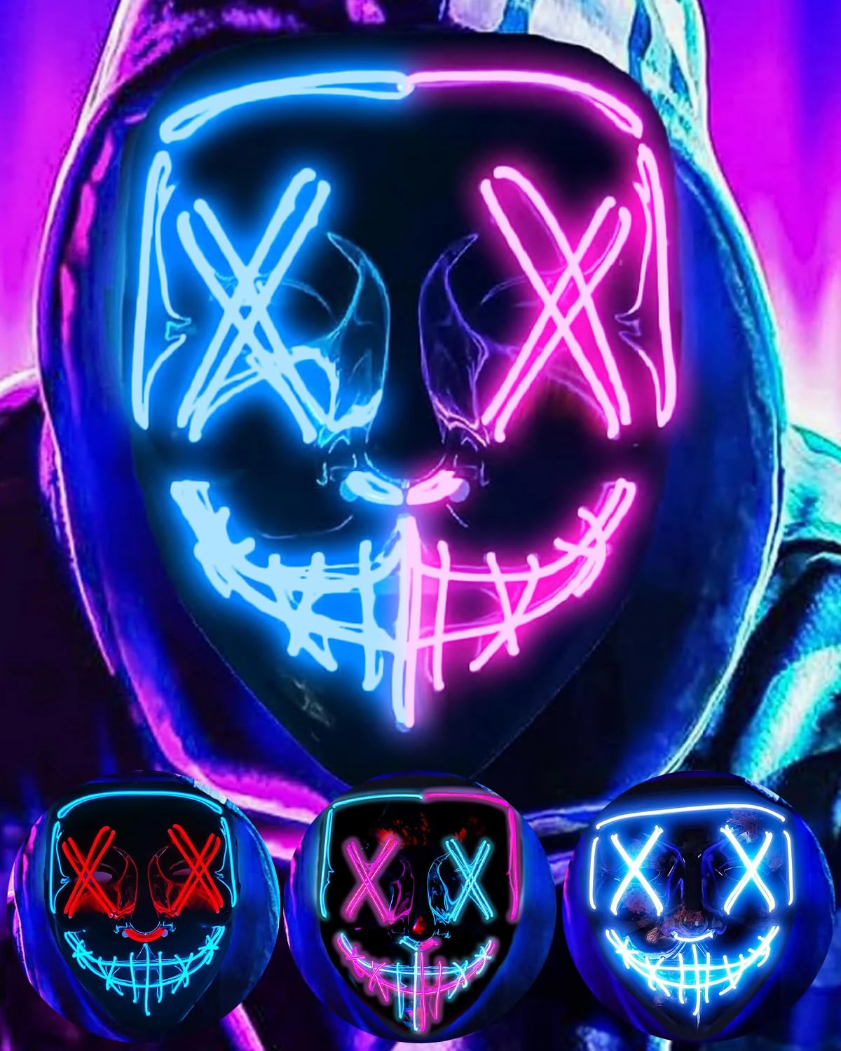 DWTECH LED Halloween Mask - Light Up Mask LED Masks EL Wire Scary Mask for Masquerade Cosplay Light Up Face Mask for Kids Men Women Halloween Festival Party (Blue&Pink 1)