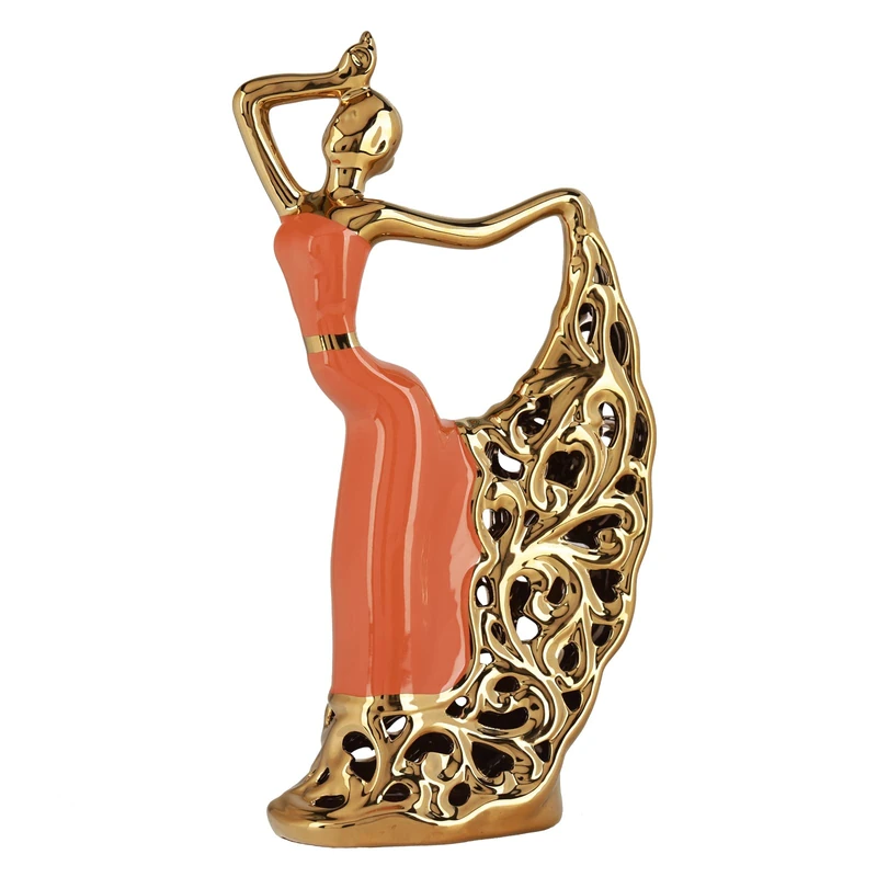 DOVDOV Peacock Statue and Sculpture, Female Dancer Sculpture, Modern Home Golden Ceramic Statue for Coffee Table, Entrance, Living Room, Bedroom Office Decoration Accessories (Orange-Gold)