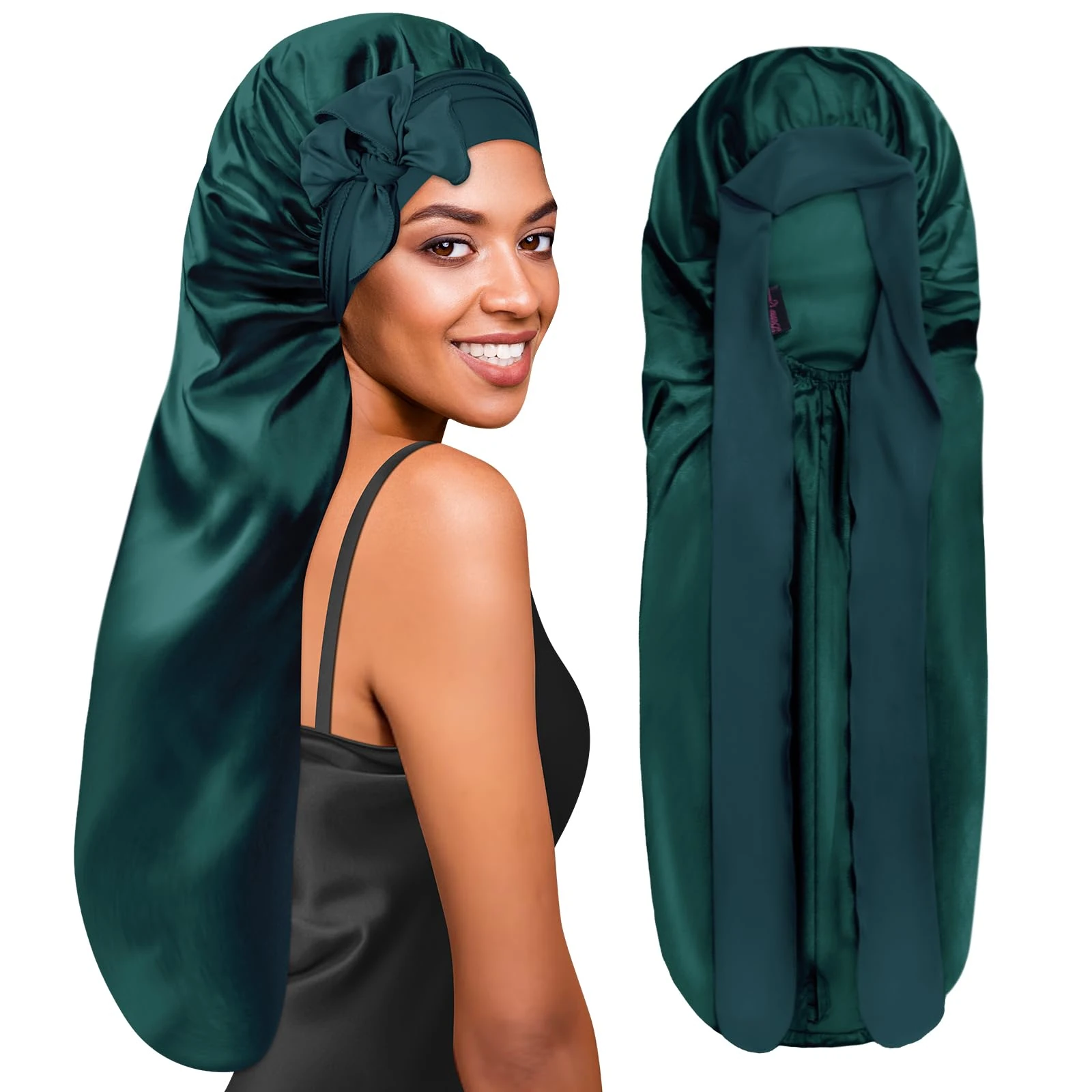 BONNET QUEEN Silk Bonnet for Sleeping Long Hair & Braids Extensions Hair, Satin Long Bonnet for Women, Adjustable Silk Scarf Night Cap with Tie Band, Dark Green