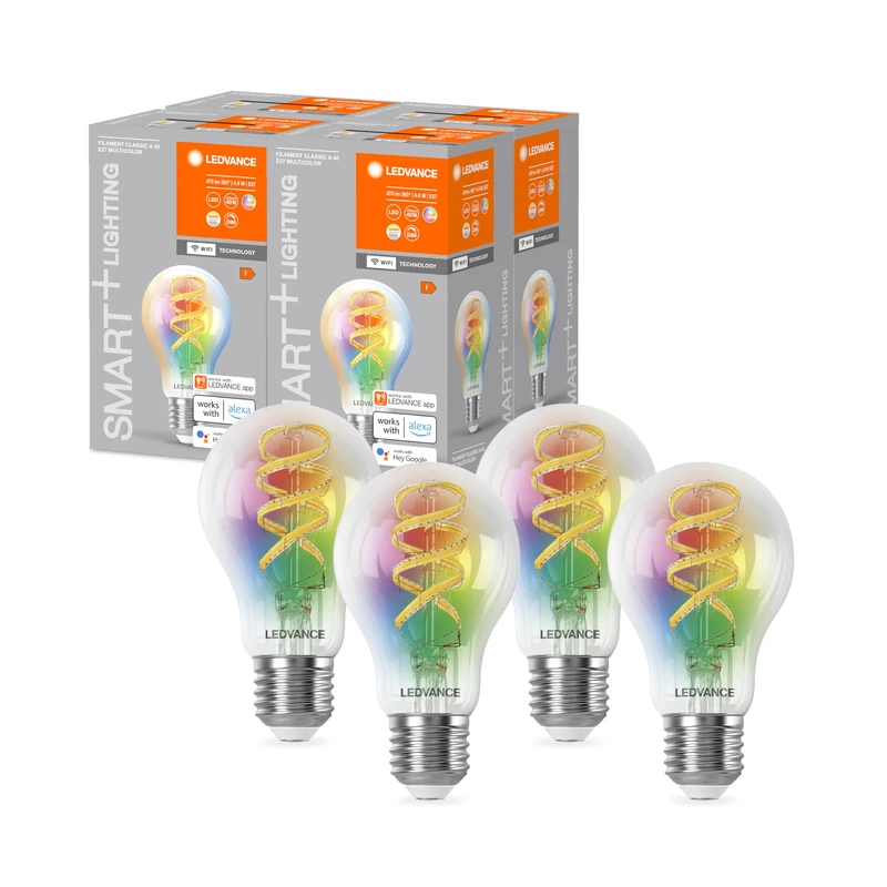 LEDVANCE SMART+ WiFi LED lamp, White Glass, 4.8W, 470lm, Classic Bulb Shape with E27 Base, Adjustable Color Light & White Light, dimmable, app or Voice Control, Long Life, Pack of 4