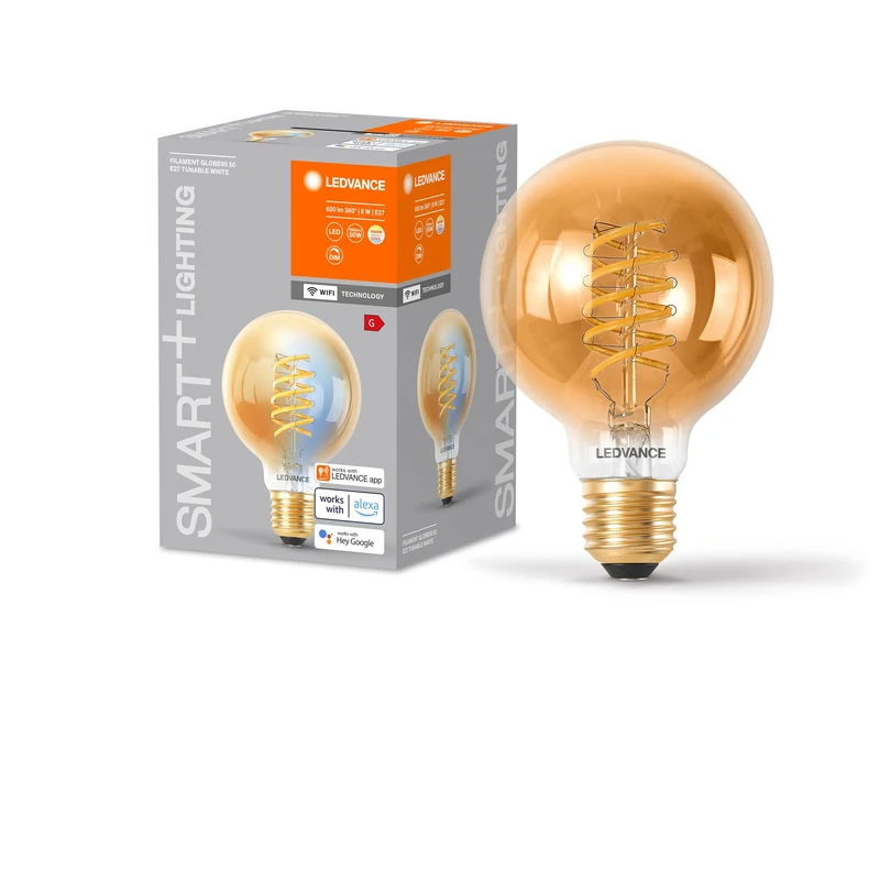 LEDVANCE Smart+ WiFi LED lamp, Gold Tint, 8W, 650lm, Globe Shape with 80mm Diameter & E27 Base, Adjustable White Light (2200-5000K), dimmable, app or Voice Control, Long Life, Pack of 4