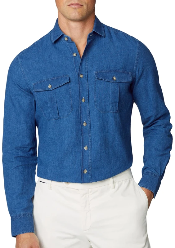 Hackett London Men's Denim Cargo Shirt, Blue (Navy), XXL