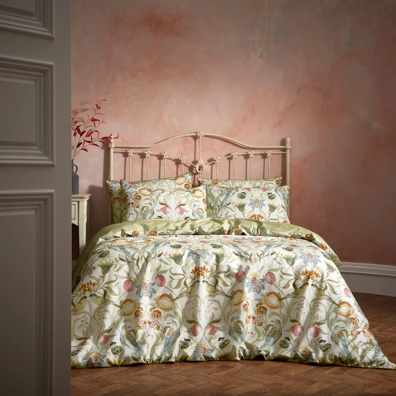 Edinburgh Weavers EW Songbird Duvet Cover Set – Floral Bird Print 100% Cotton, Cord Piped Trim (Stone – Double)