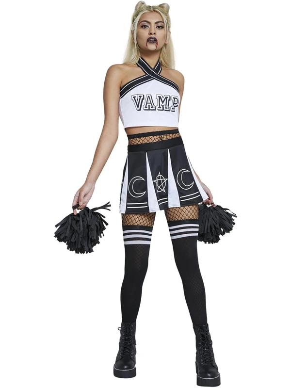 Smiffys Fever Vamp Cheerleader, Black & White with Top, Skirt, Socks & Pom Poms, Fever Fancy Dress, Vampire Dress Up Costumes, World Book Day