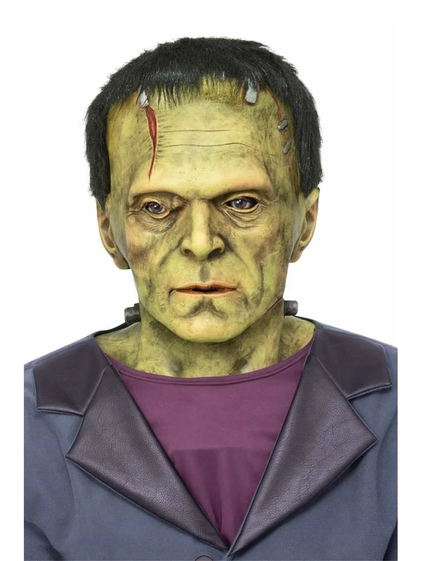 Smiffys Universal Monsters Frankenstein Latex Mask, Adults Green Mask with Bolt & Blood Details, Full Overhead Latex Mask, Perfect for Halloween and Themed Parties, World Book Day