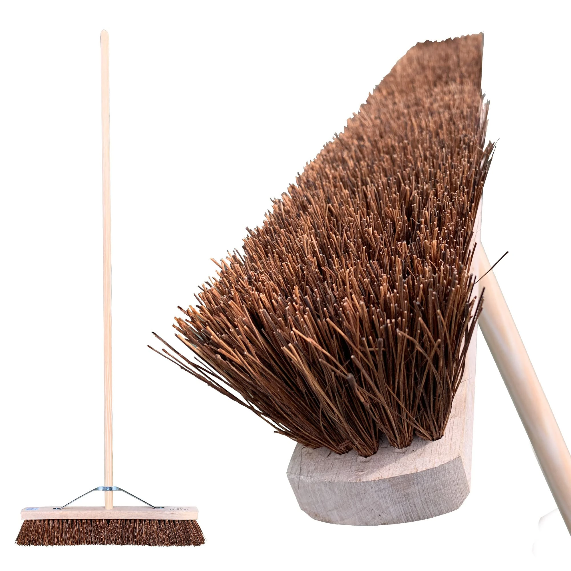 24” Wide Outdoor Broom Heavy Duty, Stiff Broom Outdoor with Natural Bassine Bristles and 120cm Long Handle, Large Garden Broom for Industrial Use, Wooden Broom Hard Broom for Yard, Garden, Warehouse