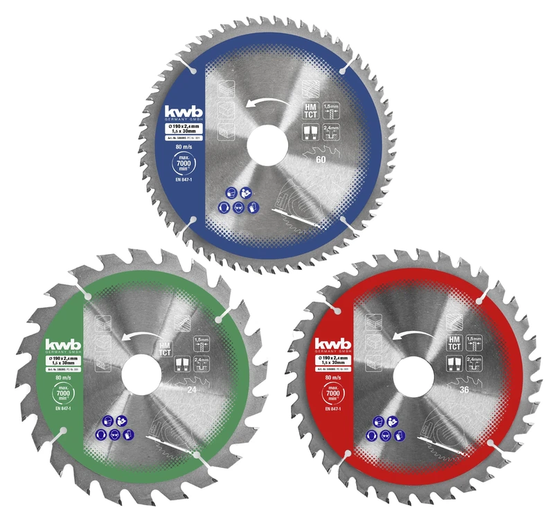 kwb 3-Piece Circular Saw Blade Set 190 x 30/20 / 16 mm for Hand Circular Saws, for Panel Materials and Building Materials Made of Wood with Reducing Rings to 16 and 20 mm