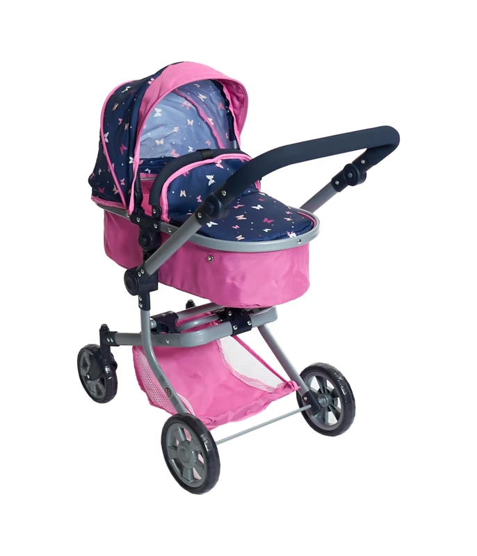 Bayer Chic 2000 595-33 Mika Doll's Pram, 2-in-1 Combination Doll Pram for Children from 4 to 8 Years, Butterfly, Pink/Navy, 73 x 41 x 82 cm