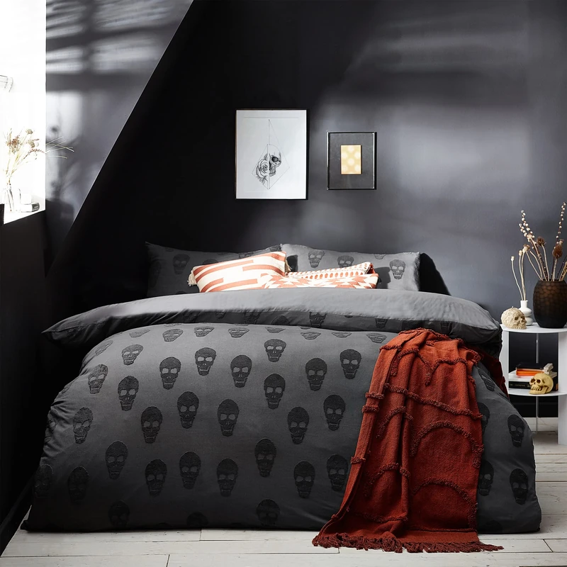 furn. The Linen Yard Skulls King Duvet Cover Set, Cotton, Charcoal