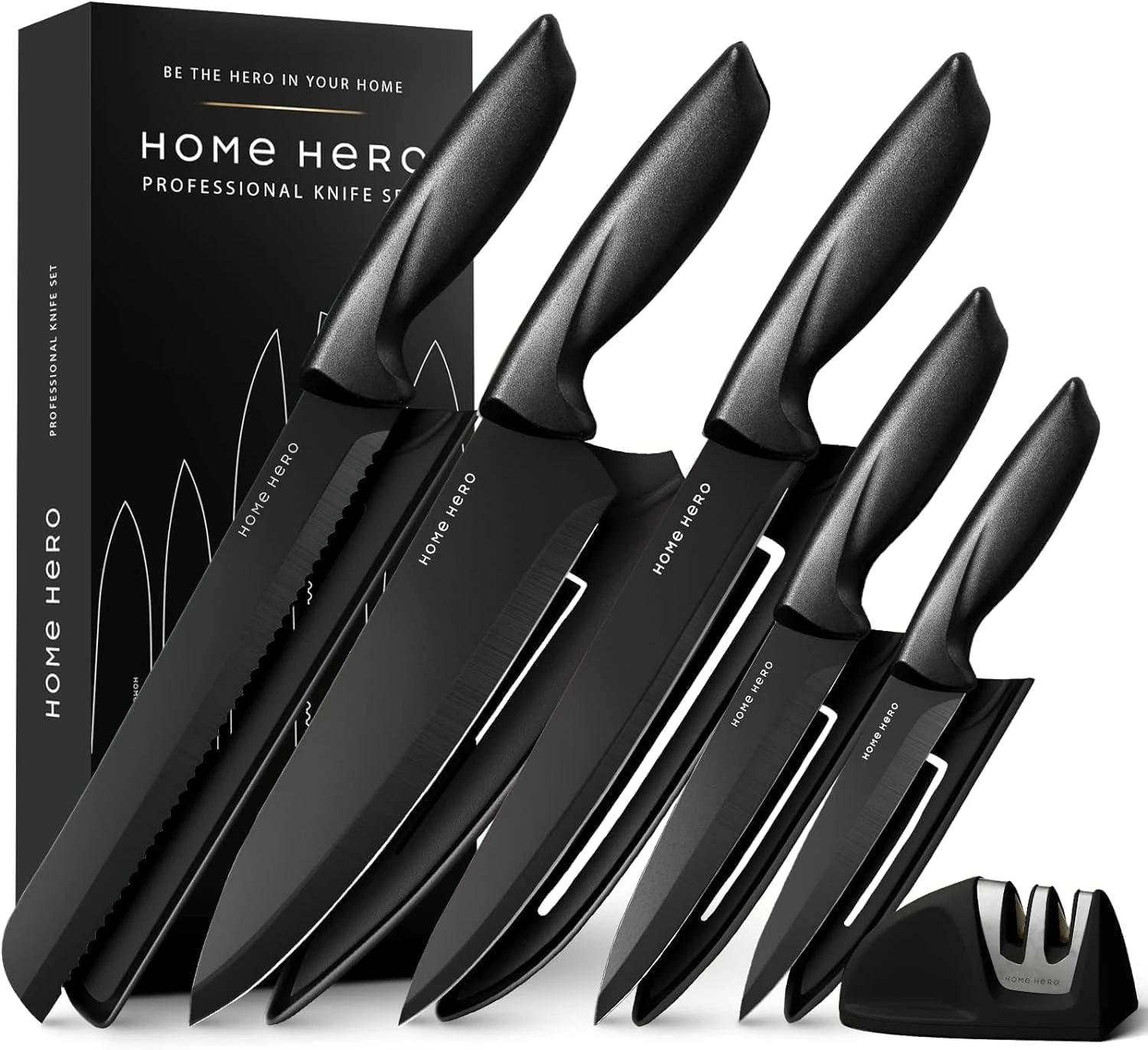 Home Hero Ultra-Sharp Stainless Steel Kitchen Knife Set - Chef Knives Set (11 pcs Set - Black with Sheath)
