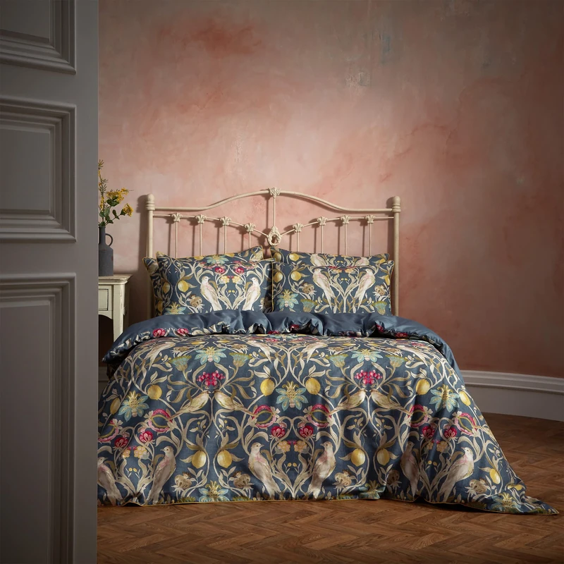 Edinburgh Weavers EW Songbird Duvet Cover Set – Floral Bird Print 100% Cotton, Cord Piped Trim (Navy – Double)